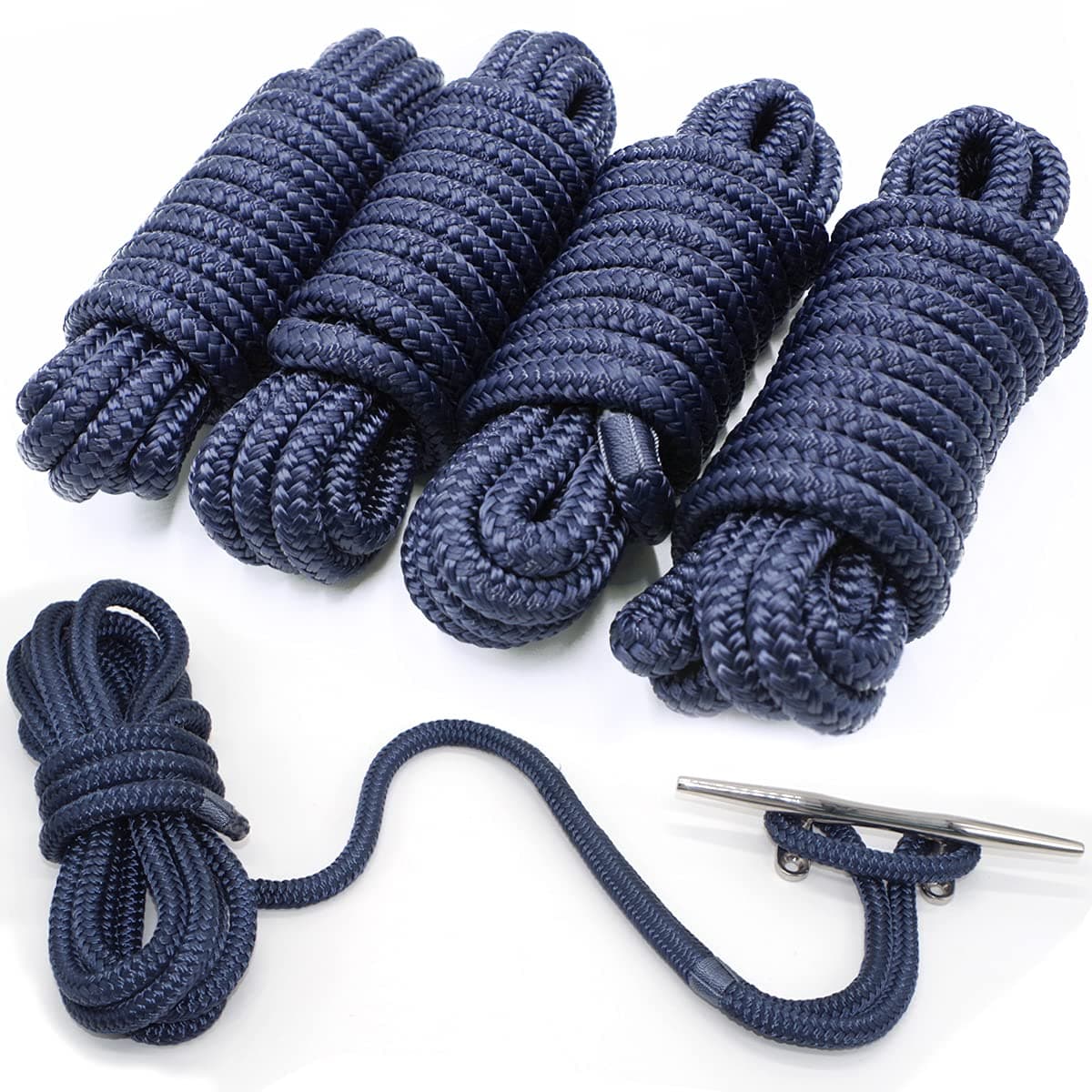 4 Pack 1/2” X 15’ Dock Lines|Marine-Grade Double-Braided Nylon Dock Line with 12” Eyelet.Hi-Performance Boat Rope Mooring Rope