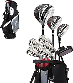 Top Line Men's Right Handed M5 Golf Club Set, Set Includes Driver, Wood, Hybrid, 5, 6, 7, 8, 9, PW Stainless Steel Irons with True Temper Steel Shaft, Putter, Deluxe Stand Bag & 3 Headcovers