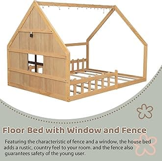 Full Size Floor Bed for Kids: Wood Montessori with Fence & LED Light Full House Bed with Rails | Window Design for Girls Boys - Natural