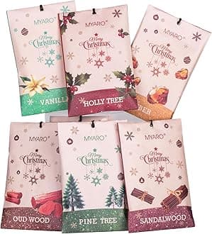 MYARO 12 Packs Christmas Scented Sachets for Drawer and Closet, Long-Lasting Christmas Sachets Bags Home Fragrance 6 Scents Option- Holly Tree, Oud Wood, Vanilla, Amber, Sandalwood, Pine Tree