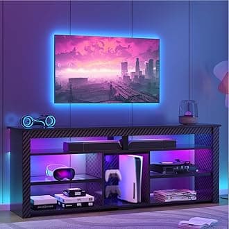 Bestier TV Stand for 70 inch TV, Tall Entertainment Center with 2 Led Lights, Gaming TV Console with Storage for PS5, Modern TV Cabinet for Bedroom, Living Room, Black Carbon Fiber