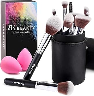BEAKEY Makeup Brushes, Foundation Brushes, Blending Face Powder Blush Eyeshadow Brushes, Gift for Ladies and Girls, Brush Sets with Two Sponges (10+2pcs, with Black Brush Case)