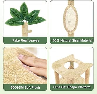 61" Cat Tree for with Green Leaves, Multi-Level Large Cat Tower with Hammock, Plush Cat House with Hang Ball Toy and Sisal Scratching Posts Furniture, Beige
