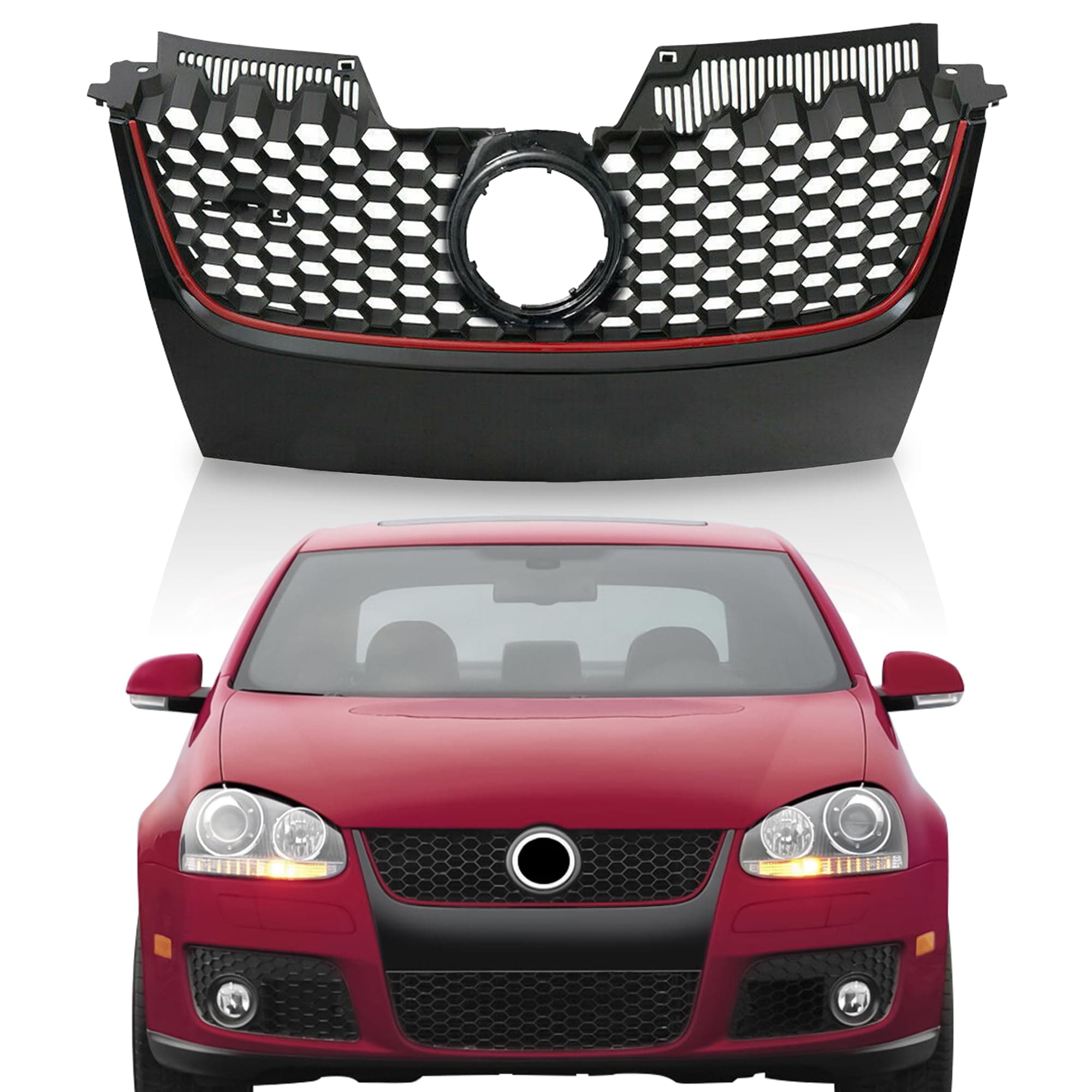 Partsflow Front Upper Main Matte Black W/Red Trim Mesh Grille For 2006 2007 2008 2009 Volkswagen VW GTI For 2006 2007 2008 2009 Volkswagen VW Mk5 Jetta