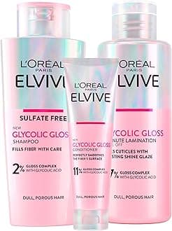 L'Oréal Paris Elvive Glycolic Gloss Conditioner 150ml + Shampoo 200ml + Lamination Treatment 5 Minutes 200ml Set for Dull and Porous Hair Intense and Long-Lasting Shine - 3 Bottles
