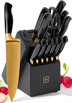 Black and Gold Knife Set with Block and Sharpener – 14-Piece Full Tang Golden Knives with Self-Sharpening Knife Block – Gold Kitchen Accessories for Cooking and Prepping; Ideal for Gifting