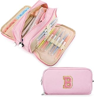 Extra Large Capacity Pencil Case 3 Compartment Initial Pencil Pouch Personalized Cute Aesthetic Stationery Pen Case Bag for School Teen Girl Boy Men Women Gift (B, Pink)