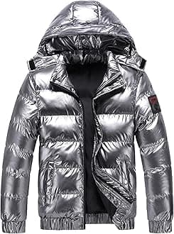 JEsilunmaMY Men's Thermal Shiny Hooded Puffer Jacket Winter Coats Water-Resistant Down Coats Insulated Padded Puffy Coat