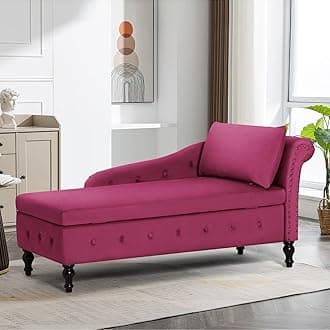 Upholstered Chaise Lounge with Right Armrest & Lumbar Pillow,Button Tufted Lounge Sofa with Storage,Lounge Chair Indoor,Modern Velvet Lounge Chair for Bedroom, Living Room and Office,Fuchsia