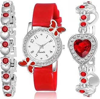 Acnos® Premium White Dial Diamond Pink Analog Watch Love Heart Diamond Bracelet for Girls Best Design Butterfly Combo 3 Pack of 3, Red-2, Classic