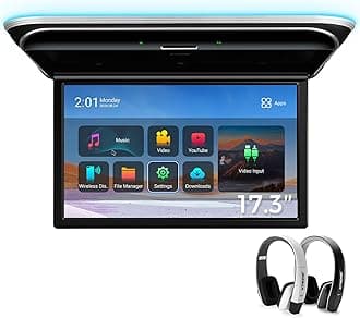 XTRONS Android Car Overhead Player 17.3 Inch Wide IPS Screen 8K Video Car Roof Mount Monitor Built-in Stereo Speakers Flip Down Overhead Car Monitor Support HDMI, USB, 2 IR Headphones Included (B & W)