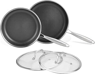 DELARLO Tri-Ply Stainless Steel 8" & 10" Frying Pan Set With Lid, Nonstick, Oven & Induction Safe, 3-Piece Set