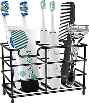 HYRIXDIRECT Toothbrush Holder Black Plating Stainless Steel Rustproof Bathroom Electric Toothpaste Storage Organizer Multi-Functional 6 Slots Stand for Vanity,Countertops