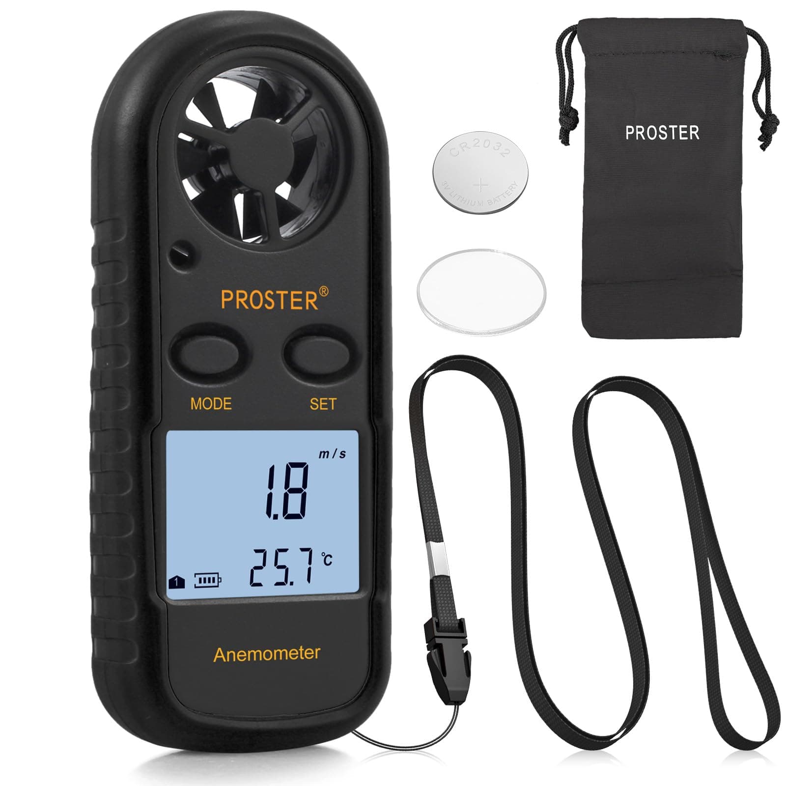 Proster Anemometer - Handheld Anemometer 3 in 1 Digital Wind Speed Meter with LCD Display Wind Gauge Wind Air Flow Velocity Measurement for RC Drones Windsurfing Kite Flying Sailing