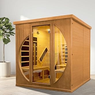 Far Infrared Wooden Sauna, Luxurious Canadian Hemlock Sauna with 2 Oversize Recliners, 220V, 3400 W, 9 Heating Element, Bluetooth Speakers, 7 Color Light, Oxygen Bar-Fast Delivery