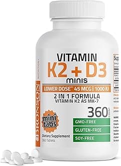 Vitamin K2 (MK7) with D3 Lower Dose 45mcg Vitamin K2 & 1000 IU Vitamin D3 Easy to Swallow Daily Maintenance 2 in 1 Formula Non-GMO, 360 Mini Tablets