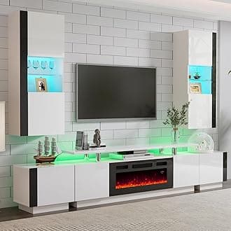Wall Unit Entertainment Center with Fireplace & Bookshelves, Includes 70" 2-Tier Fireplace TV Stand, 2 x Wall Cabinets & End Tables, Modern LED Lights TV Console for Living Room, White