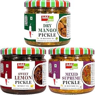 Add me home made hand made dry mango pickle sukha aam ka achar 300gm, Pachranga mixed pickle 300gm, red stuffed chilli pickle banarasi bharwa lal mirch, 300grm all in pure mustard oil mix combo gift pack Glass jar
