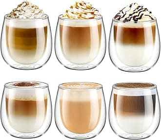 glastal 250 ml Double-Walled Latte Macchiato Glasses Set Borosilicate Glass Coffee Cups Glass Set of 6 Coffee Glass Tea Glasses for Espresso, Cappuccino, Latte, Iced Americano, Tea, Ice, Milk, Juice
