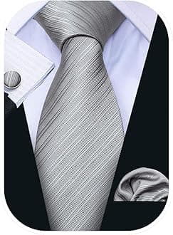 Barry.WangGrey Men Ties Silk Necktie Set Handkerchief Cufflinks Business