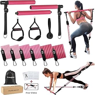 ALongSong Pilates Equipment Pilates Reformer Bar Set With 6 Elastic Resistance Bands 180LBS/240LBS/360LBS & Door Anchor for Full-Body Fitness Toning & Muscle Building | Home Workout/Gym/Travel