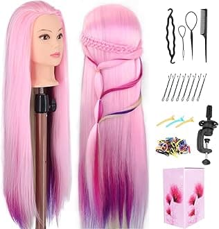Mannequin Head with Hair, 29" Doll Head for Hair Styling Cosmetology Mannequin Head Hair Styling Hairdressing Practice Training Doll Heads with Clamp Holder(Pink Four Colors)