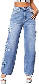 DjeanxaWomens Trendy High Waist Wide Leg Y2K Jeans Aesthetic Star Pants Teen Girls Boyfriend Loose Fit Star Embroidery Jeans