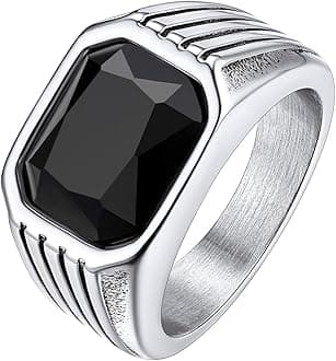 Bestyle Chunky Signet Ring for Men, Stainless Steel/Black Ring Synthetic Gemstone Band Ring Biker Ring for Men, Thumb Pinky Ring Mens Fashion Ring Jewelry Size 7-14, Gift Package