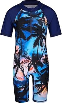 HUAANIUE Boys Swimming Short Sleeve Swimsuit 3-12Y Kids One Piece Swimwear Navy Sun Protection 50+ Swim Clothes UPF Warm Sportwear Costume Summer Surfing