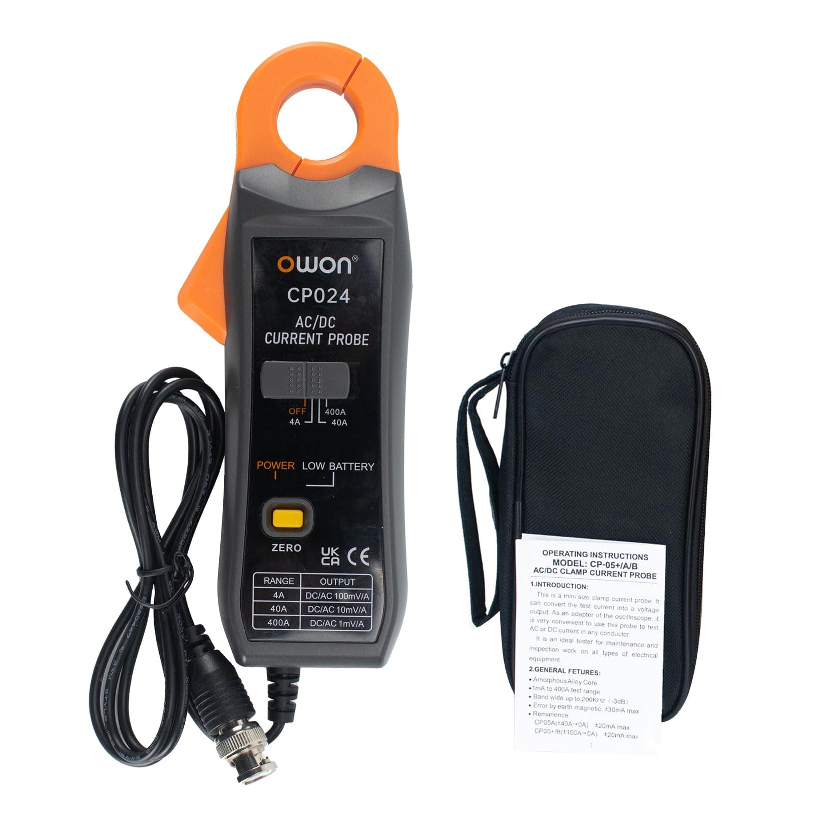OWON CP024 AC/DC Current Clamp Probe for Oscilloscope, Current Tester Clamp Meter 200KHz Bandwidth 1mV/10mA 400A Relative Zero Correction with BNC Type Connector