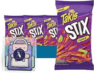 Takis - Lavinia Essentials Bundle: 4-Pack of Stix Fuego Sharing Size Bag, Hot Chili Pepper Rolled Tortilla Chips 9.9 oz Bag + 1 Utility Prop