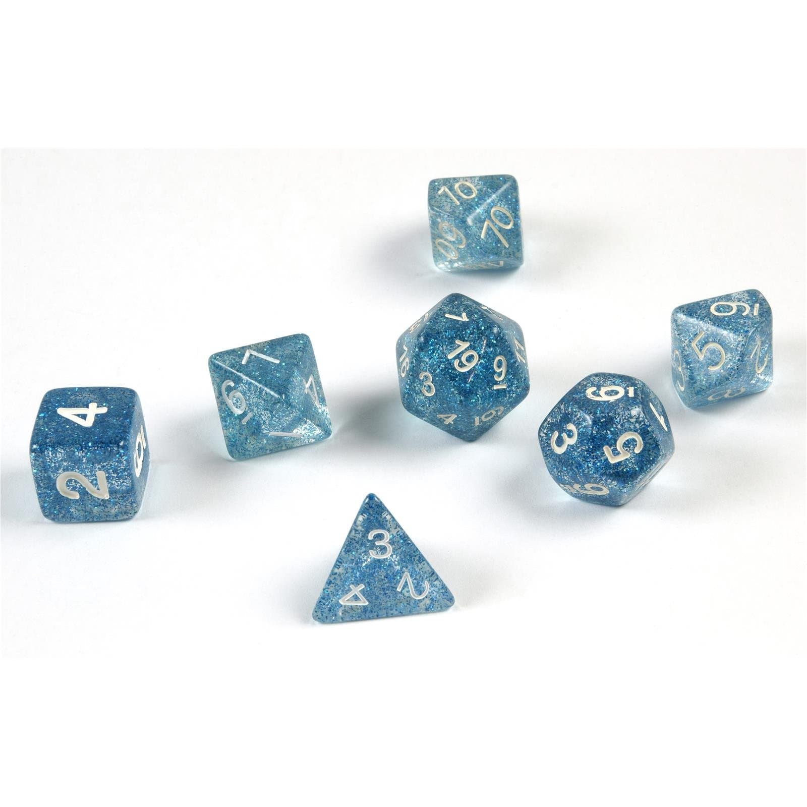 7x polyhedral glitter dice set for role and tabletop games in blue including velvet bag