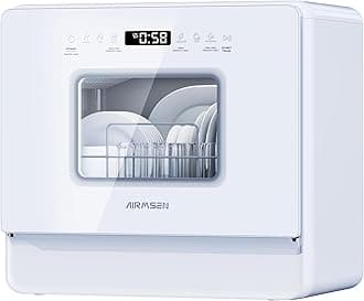 AIRMSEN 2025 NEW Upgraded Table Top Dishwasher with Soft Water Salt Function, Portable Countertop Dishwasher with 9 Programs & 5L Tank, 2-12H Delay Start & 360° Triple Spray Arms, White
