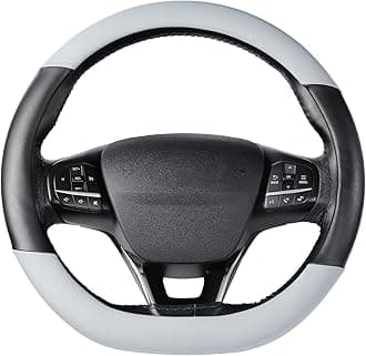 SEG DirectFlat Bottom Steering Wheel Cover, D Shaped Car Wheel Cover 37-39cm, Black Gray Microfiber Leather