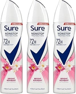 Sure Antiperspirant 72H Nonstop Sweat and Odour Protection Alcohol-Free Body Spray Anti-White Marks with Fresh and Clean Multi Fragrance Deodorant for Women, 150ml Pack of 3 (Bright Bouquet)
