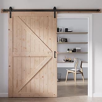 - 48in x 80in Sliding Wood Barn Door with 8FT Barn Door Hardware Kit Included K Shape Solid Spruce Panel Sliding Door Double Surfaces Need to Assembly