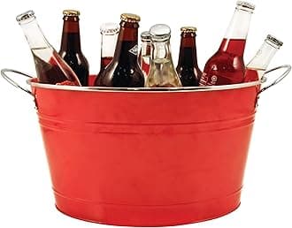 Twine Big Red Ice Bucket - Galvanized Metal Drink Beverage Tub for Home Parties, Country Home Wine And Beer Chiller, Holds 4.5 Gallons