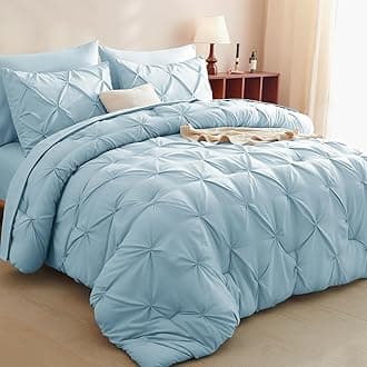 CozyLux Queen Comforter Set - 7 Pieces Comforters Queen Size Light Blue, Pintuck Bed in A Bag Pinch Pleat Bedding Sets with All Season Comforter, Flat Sheet, Fitted Sheet and Pillowcases & Sham