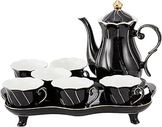 14 pcs Tea Set of 6 with Tea Tray & Spoons, Modern Diamond Design Tea/Coffee Cup Set with Golden Trim, Chic Porcelain Living Room Decor, Fine-china Teapot/Tea Party Set, Gift Package - Black