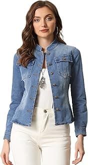 Casual Denim Jacket for Women's Classic Stand Collar Long Sleeve Jean Jacket