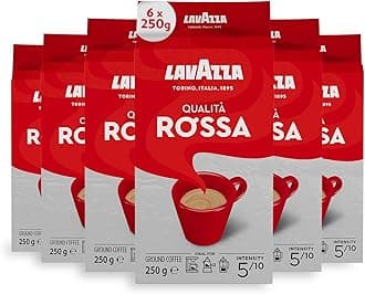 Lavazza, Qualità Rossa, Ground Coffee, 6 x 250 g, Ideal for Moka Pots, with Aromatic Notes of Chocolate and Dried Fruits, Arabica and Robusta, Intensity 5/10, Medium Roasting