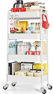 TOOLF4 Tier Rolling Cart, Metal Utility Cart with Wheels & Handle, Art Storage Cart, Easy Assembly Organizer for Bathroom Kitchen Bedroom Office Classroom Baby Nursery White