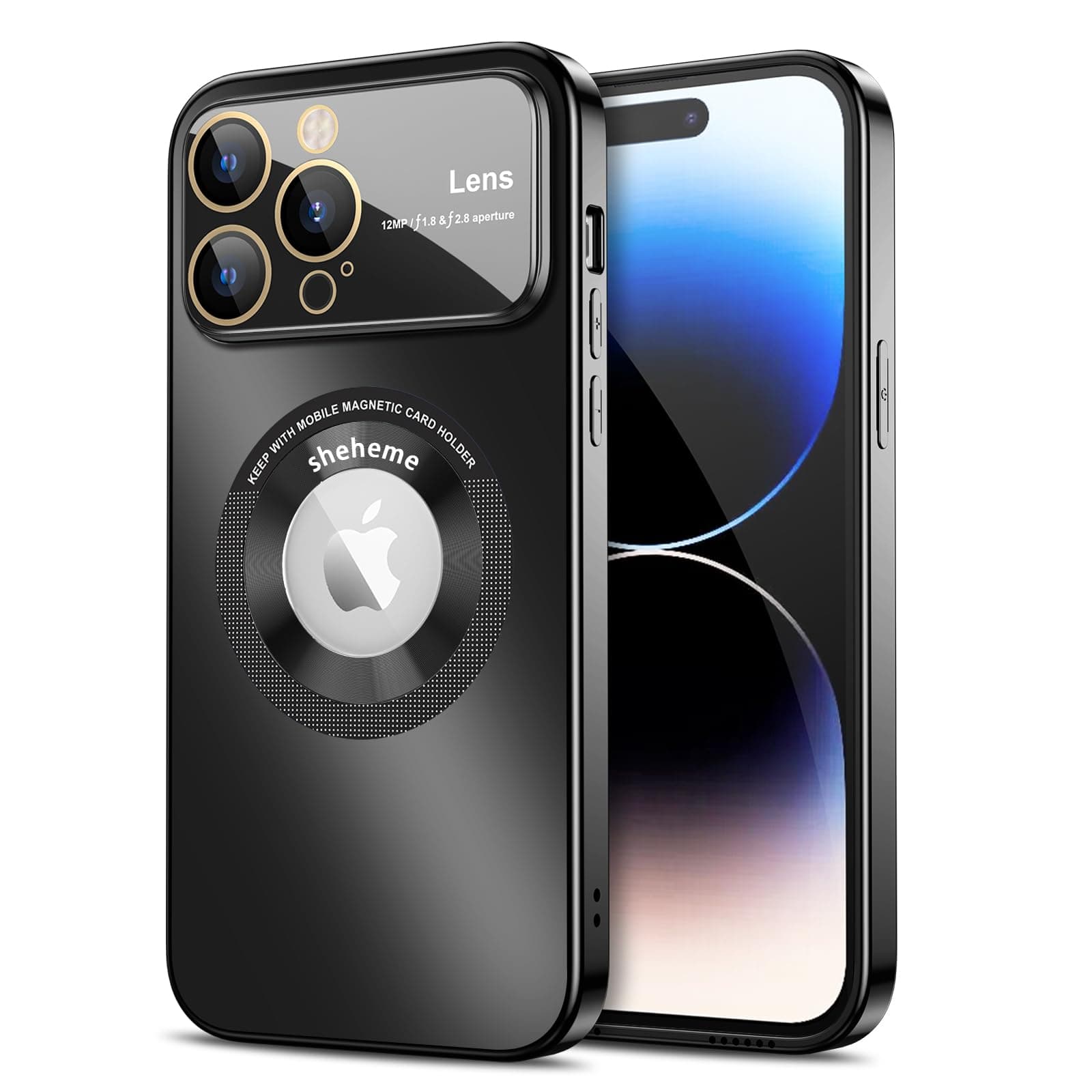 shehemeMagnetic for iPhone 14 Pro Max MagSafe Case [Full Camera Lens Protector] [Compatible with MagSafe] Logo View Plating Glossy Cover Case for iPhone 14 Pro Max Phone Case 6.7”,Black