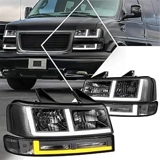 PM PERFORMOTOR [4Pcs F-Shape LED DRL Headlights+Bumper Lamps Compatible with 03-24 Chevy Express/GMC Savana/Clear Corner