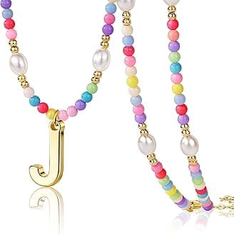 Valentines Day Gifts for Kids Women Teen Girls, Initial Necklace Bulk, Preppy Colorful Rainbow Beaded Pearl Choker with Letter Pendant, Cute Summer Beach Personalized Jewelry Gift for Party, Birthday, Everyday