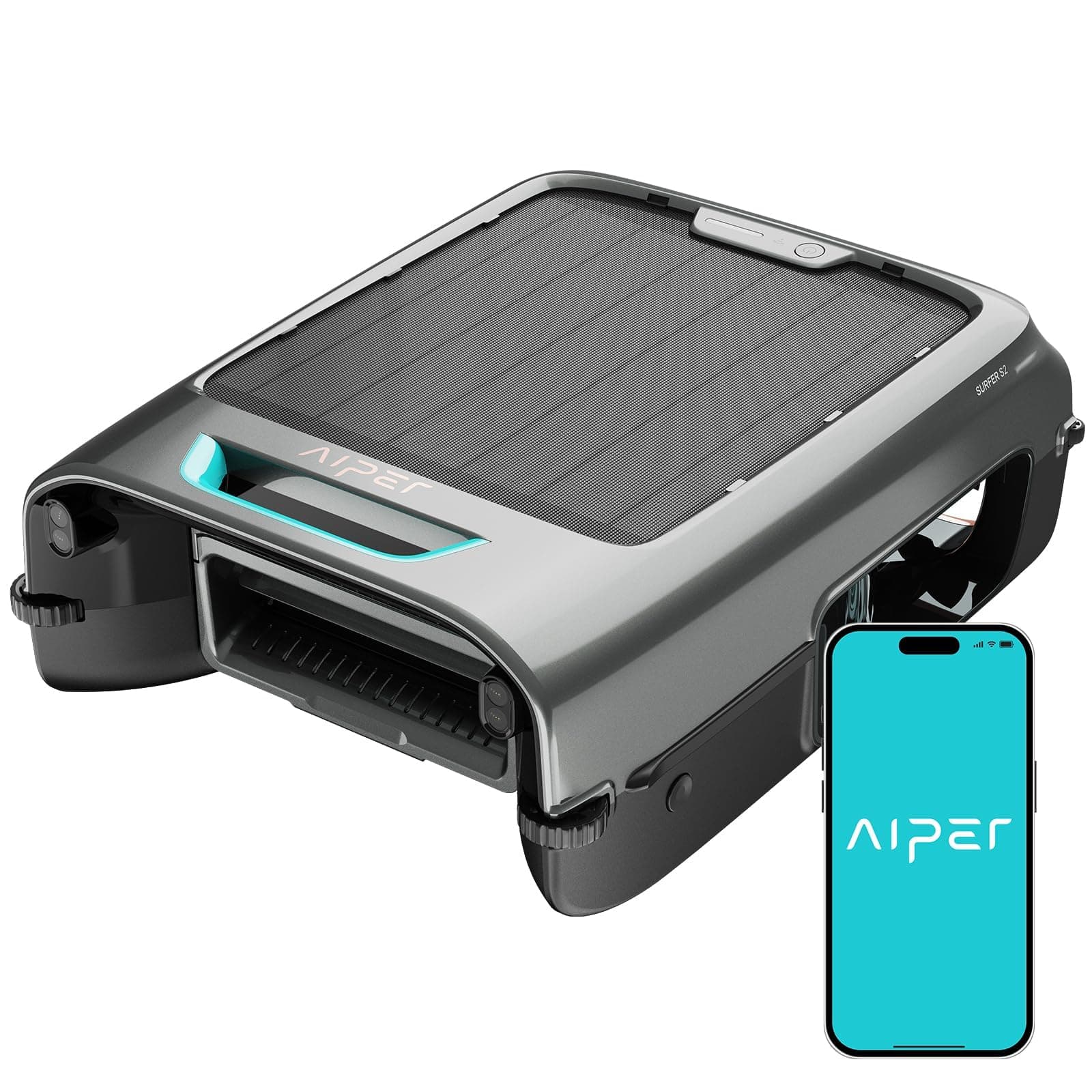 AIPER EcoSurfer S2 Solar Powered Pool Surface Skimmer Robot with APP Support, 24/7 Continuous Cleaning, Dual Charging Modes, Smart Obstacle Avoidance, 150-um Filtration, OTA Upgrade