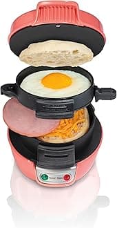 Hamilton Beach Breakfast Sandwich Maker with Egg Cooker Ring, Customize Ingredients, Perfect for English Muffins, Croissants, Mini Waffles, Perfect White Elephant Gifts, Coral (25483)