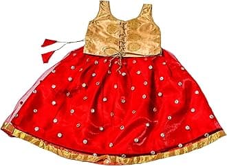 TRADITIONINDIATRADITION INDIA Gold Brocade & Red Net Sleeveless Lehenga Choli Set, Designer Pattu Pavadai, Kids Ethnic Wear
