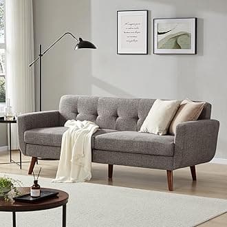 Tbfit 77.2" W Linen Sofa Couch, Mid Century Modern Decor Loveseat Couches for Living Room, Button Tufted Upholstered Small Couch for Bedroom, Solid, and Easy to Install Love Seats Furniture, Grey | linen fabric, button tufted, solid wood foot, pocket spring, wood slats frame