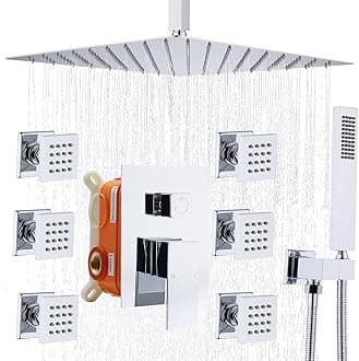 Enga Shower Body Jet System 12 Inch Ceiling Mounted Rainfall Shower Head with 6 Body Sprays and Handshower, Brass Shower Faucet Rough-in Mixer Valve, Chrome